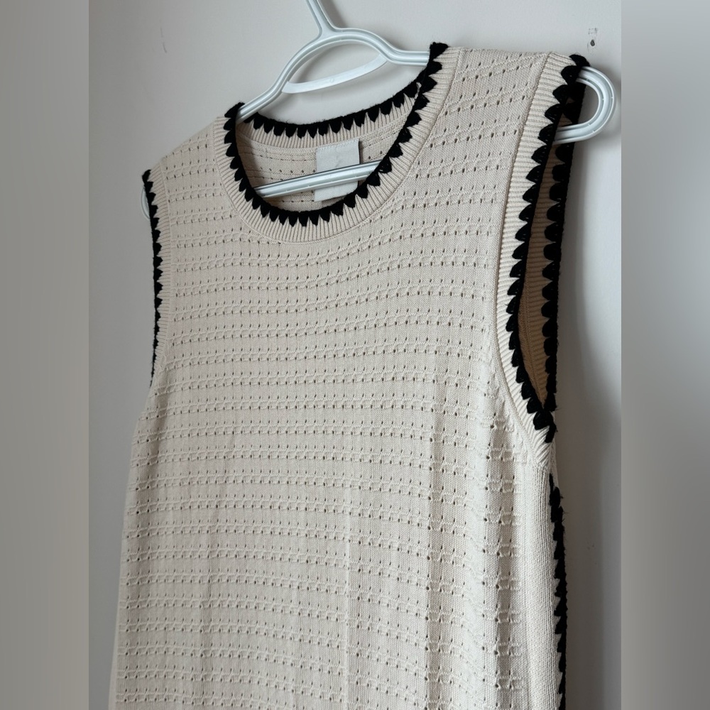 Varley Cream Knit Sleeveless Mini Dress with Black Scalloped Trim